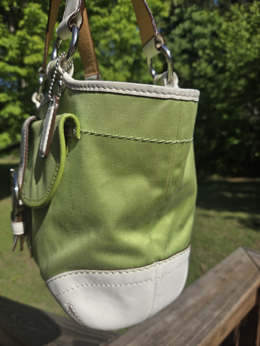 Coach Soho Tote Twill & Leather Lime Green and White Leather-Trim Shoulder Bag - Picture 8 of 11